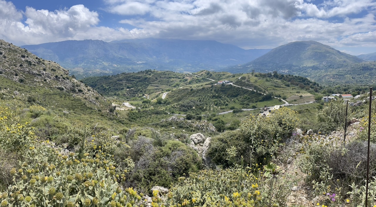 The Amari valley of olive groves and hills seen from above Meronas