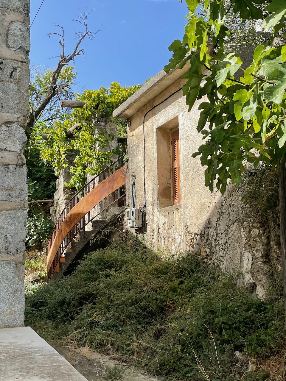 An old stone house in Meronas with a curved staircase, fig tree and vines