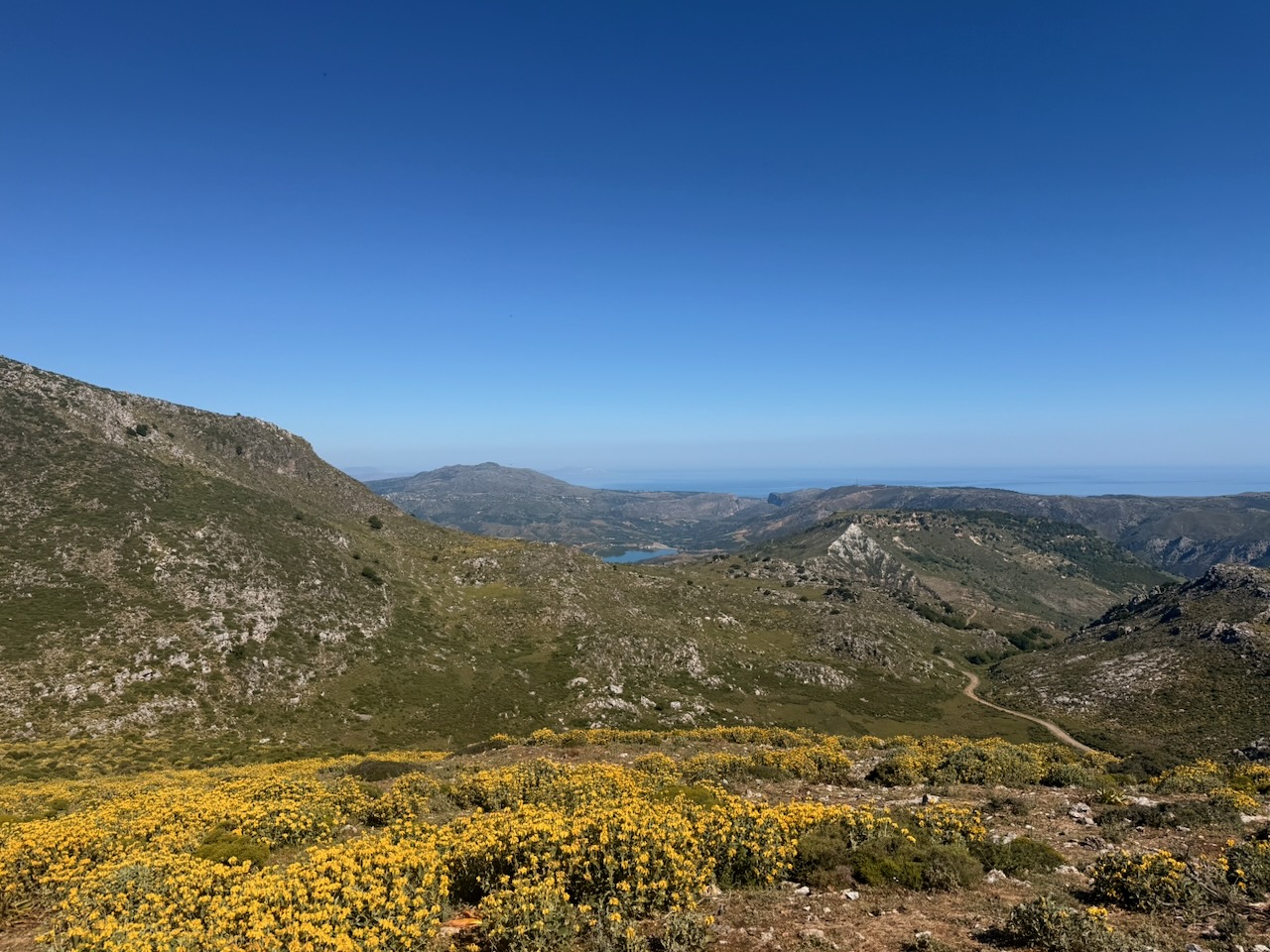 The Amari valley falling away from Meronas toward the distant sea, wildflowers in the foreground